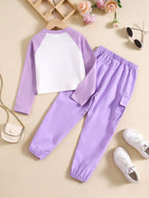 2pcs Girls Spring Autumn Fashion Print Soft Cotton Blend Contrast Color T-Shirt And Simple Cargo Pants Set